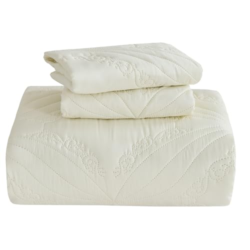 Image of Kingnex Oversized King Bedspreads 128x120 for Tall King or Cal King Bed Ultrasonic Quilted Coverlet Set 3 Piece Include 1 Extra Wide Quilt 2 Pillowcases Cream