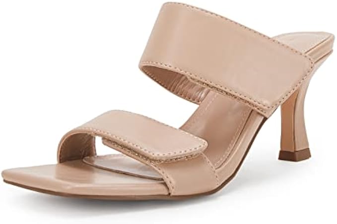 Ermonn Womens Two Strap Heeled Sandals Velcro Slip On Square Open Toe Stiletto Faux Leather Backless Mule Heels Slippers