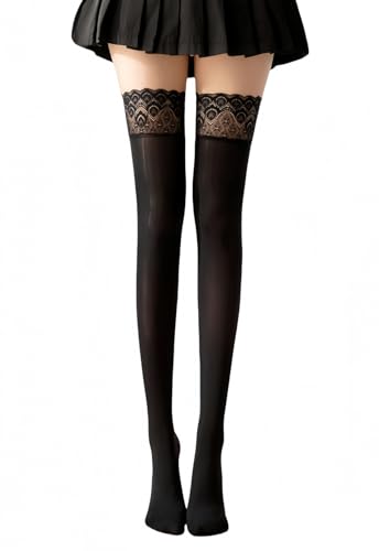 ACICSCK Womens Shiny Thigh High Stockings Oil Silicone Lace Top Sheer Tights Over Knee Stockings Silky Socks for Women (UAE/KSA Alpha One Size Regular Regular Black)
