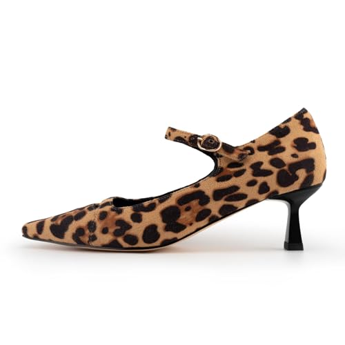 JORISTIMO Pointed Toe Pump Kitten Heel Pumps for Women Comfort Leopard Print Low Heel Pumps with Strap Dressy Wide Width Heels2