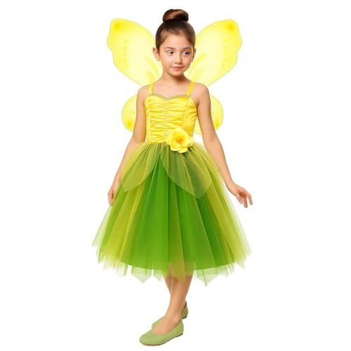 Fairy Costume for Girls Toddler Fairy Elf Dress Up with Wings Halloween Cosplay Outfit Yellow-green 4T