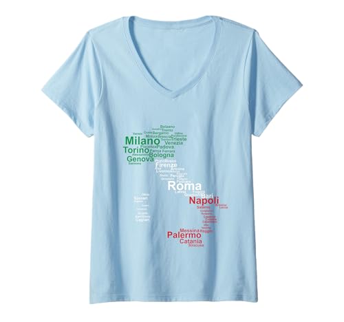 Womens Italy Map Silhouette Flag Towns Cities Rome Travel Europe V-Neck T-Shirt