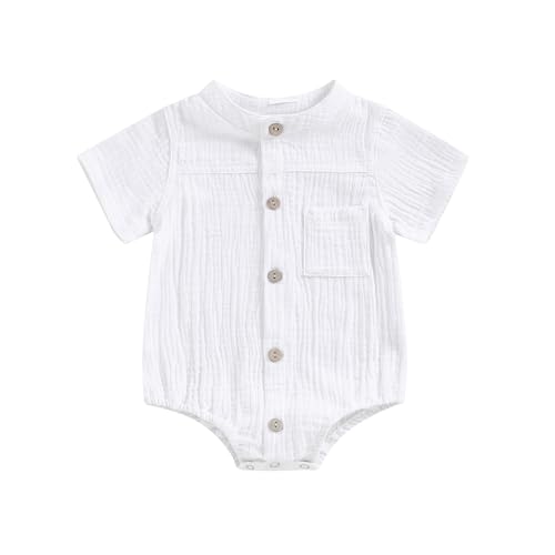 Image of Infant Baby Boy Summer Clothes Short Sleeve Button Down Romper Newborn Smocked Linen Onesie Outfit
