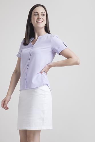 Image of FableStreet Women Formal Top | Asymmetrical Button Placket Band Collar Three-Quarter Sleeves Solid Pattern | Pure Cotton Smooth Fabric for Office & Workwear | Lavender