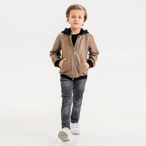 Image of Gold Class Kidswear Boys Leather Jacket with Hoodie, Faux Leather Jacket for Kids, Zipper Closure Boys Leather Jacket