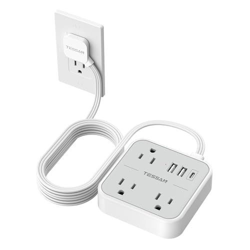 Extension Cord Flat Long Power Strip 15 FT, TESSAN Surge Protector Power Strip with USB Ports (1 USB C), Flat Wall Outlet Extender with 3 Outlets for