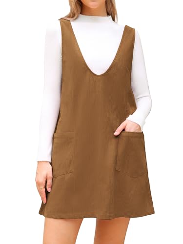 Allegra K Strapskleid für Damen, Herbst, Winter, Cord, tiefer V-Ausschnitt, lässiges Mini-Latzkleid, braun, S