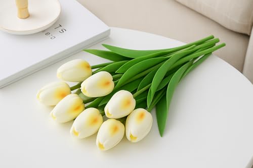 Image of Pink Olive Tulip Flowers Bunches | for Home Decor | Living Room, Corner Table, Bedroom, Wedding Party Decor, Gifting | Real Like Feel, Artificial Flower | Bunch of 05 (Offwhite Tulip)