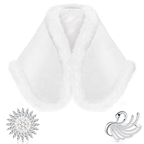 SATINIOR 1920s Faux Fur Wrap Shawl Women's Fur Cloak Cape Shawl Luxury Bridal Cape Pearl Rhinestone Brooches - Main Image