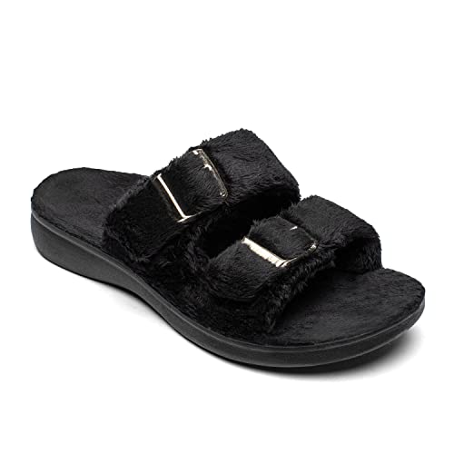 SOLLBEAM Womens Fuzzy House Slippers Open Toe with Cozy Lining Arch Support Orthotic Heel Cup sandals2