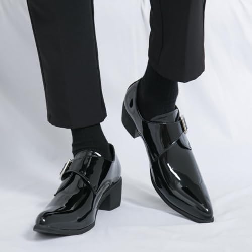 Men's Patent Leather Low Block Heel Loafers with Monk Strap Comfortable Non-Slip Pointed Toe Business Tuxedo Oxford Shoes4