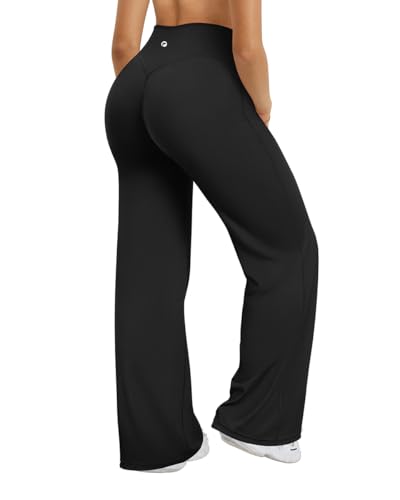 OQQ Pantalón Yoga Mujer Pierna Ancha Cintura Alta Elástico Sólido Casual Leggings de Fitness Gym Deportivos Negro Longer