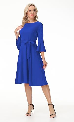 Image of Hostoyo Church Dress for Women Wedding Guest Cocktail Party Dresses Evening Prom Formal Modest Gowns Crew Neck Bell Sleeve