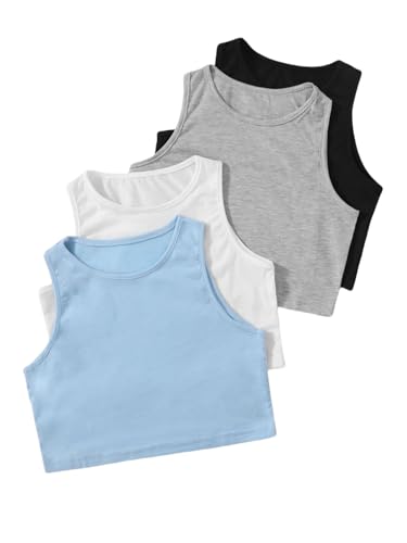 Floerns Girls 4 Piece Sleeveless Camisole Round Neck Solid Crop Tank Top