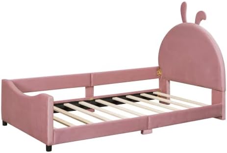 Miniatura 5 de Sofá cama tapizado de terciopelo de tamaño individual con cabecera en forma de oreja de conejo, plataforma de madera para niños y niñas, dormitorio,