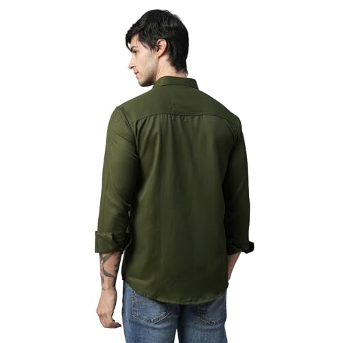 Image of Men's Army Green Regular Fit Casual Shirt | Solid Cotton Blend Full Sleeve Shirt for Office, Party