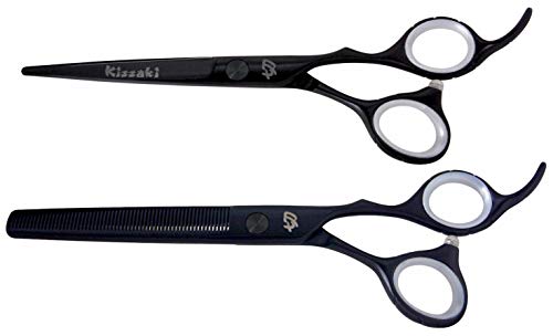 Kissaki Hair Scissors Black Titanium Futasuji 7.0 inches Hair Cutting Shears and Ishizuki 60 Tooth Blending Thinning Shears Matching Set Combo