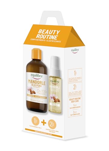 Equilibra, Beauty Routine Corpo Nutriente Elasticizzante,Contiene 1 Olio di Mandorle Puro 100% di Origine Naturale, da Spremitura a Freddo, 1 Acqua Corpo Profumata,Cofanetto Corpo per BodyCare Routine