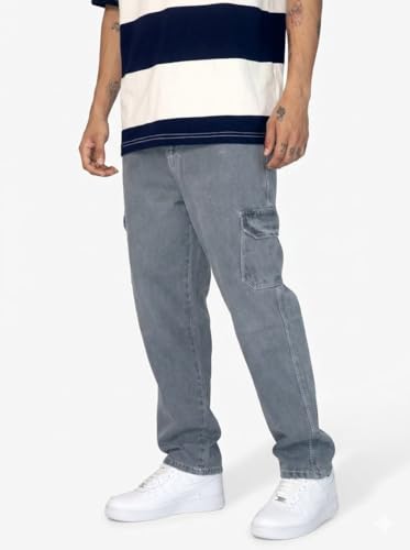 Image of Men's Grey Cargo Denim Jeans, 6 Pocket Straight Fit, Casual Wear