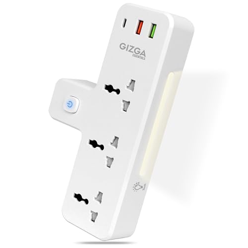 Image of Gizga essentials Power Extension Board: 3 Universal Sockets, 2 USB Ports & 1 Type-C, Surge Protector, Touch-Control Night Lamp, Child Safety, Flame-Retardant Housing, 10A Output, 250V