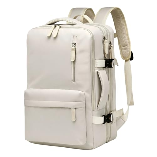 Mochila Expansível Grande com Organização Inteligente – Impermeável, Antifurto, Abertura 180°, Ideal para Viagem, Trabalho e Faculdade (Creme)