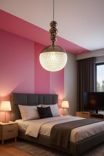 Image of Modern LED Globe Glass Textured Pendant Hanging Light with 3 Color Changing (White /Warm /Natural White) - Adjustable Hanging Ceiling Light for Bedroom, Living Room & Dining