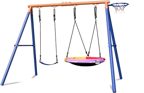 4-in-1 Swing Sets with Stand for Backyard, 440lbs Outdoor Saucer Swing Set for Kids