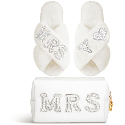 Image of Xtinmee Personalized Initial Wedding Bride Slipper Mrs Pearl Letter Makeup Bag Bachelorette Party Bridal Shower Wedding Gifts(V)