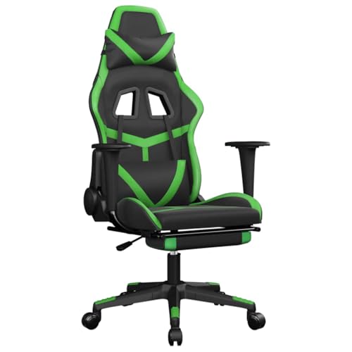 Silla de gaming con masaje y reposapiés, piel sintética negra y verde, 345437