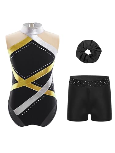 Miutii Maillot de gimnasia para niña con pantalones cortos, cinta para el pelo, traje de gimnasia brillante, sin mangas, traje de ballet, leotardo, competición, ropa de baile, dorado, 170/176 cm