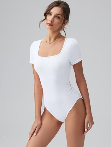 Image of OQQ Women Bodysuits Ruched Short Sleeve Square Neck Stretch Lounge Travel Bodysuits