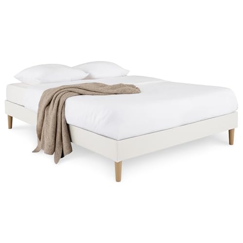 IDIMEX Sommier tapissier Brest 160 x 200 cm Structure en Bois et revêtement en Tissu Blanc crème, Cadre de lit avec Pieds et sommier à Lattes pour 2 Personnes