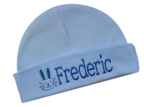 Funny Girl Designs Easter Bunny Baby Boys Personalized Cotton Baby Hat (0-6 Months Light Blue Hat)