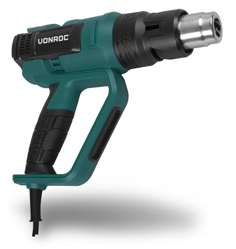 VONROC Décapeur Thermique Professionnel - Pistolet à Air Chaud 2000W – 60 Températures, 5 Positions Débits d'Air – Revêtement Véhicule, Séchage Peinture, Accélérer Fixation - 4 Buses Incluses