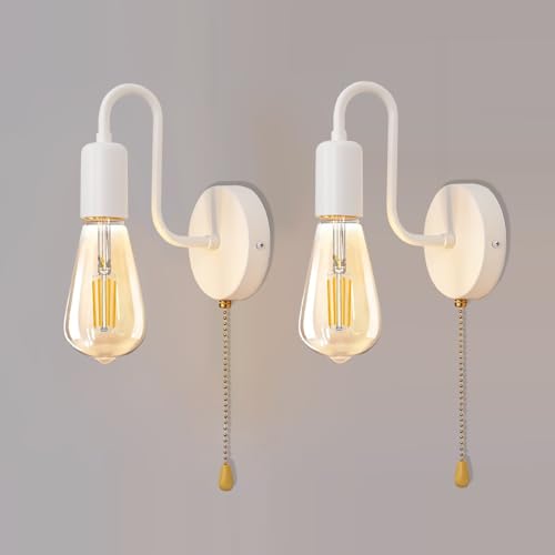 Image of ANKBOY Pack of 2 Vintage Wall Lamp with Switch E27 White Wall Light with Pull Cord Indoor Retro Wall Lamp with Switch Bedroom Living Room Without Light Source
