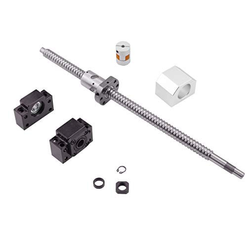Ball Screw SFU2010 RM2010 Length 500mm Diam 20mm with Ballnut and ballnut housing + end Supports BK/ BF15 + Coupler for CNC, Length Approx 19.7 inch/ 500mm