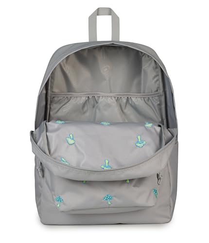 Image of JanSport Superbreak Plus FX Backpack - Work, Travel, or Laptop Bag with Water Bottle Pocket, Superbreak Plus Fx, Embroidered Shrooms Md Grey /E Azul /Bratty