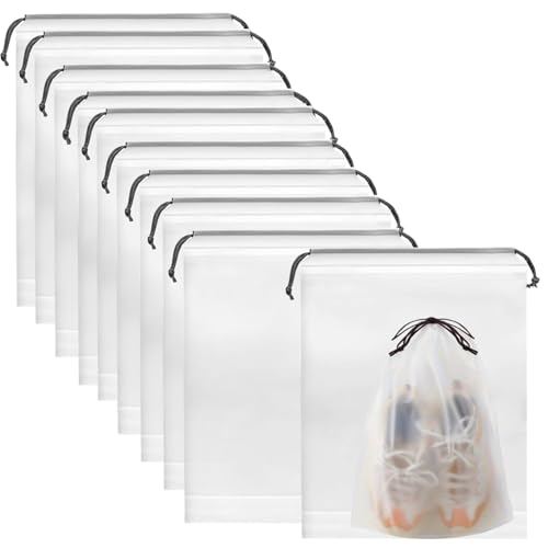 Azlanway 10 sacchetti per scarpe impermeabili con coulisse, 30 x 40 cm, riutilizzabili per scarpe da viaggio, sacchetti trasparenti per viaggi, valigia, aereo, sport e uso quotidiano