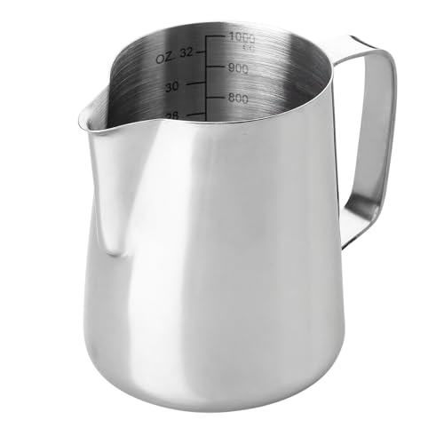 Bicchiere dosatore in acciaio inox, 1000 ml, con manico e scala, 1000 ml, caraffa dosatrice per caffè, latte, cappuccino, caraffa manuale | accessori barista in acciaio inox 304
