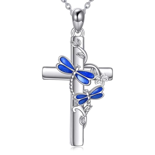 Image of RMREWY Cross Bee /ladybug /Butterfly /Dragonfly /Red Cardinal Necklace for Women 925 Sterling Silver Cross Pendant Necklace Animal Lovers Jewelry Christmas Gifts for Women Mother Grandma