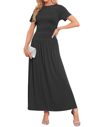 AUSELILY Women's Maxi Dress 2025 Summer Short Sleeve Crewneck Ruffled Flowy Swing Long Dresses,Casual Party or Evening Wear3