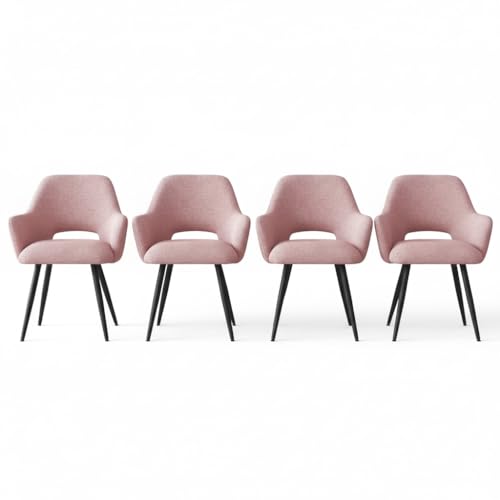 Image of Finch Fox Motel Luxurious Home Collection Upholstery Fabric Arm Dining Room Chairs in Pink Color with Black Metal Powder Coated Legs (Set of 4)