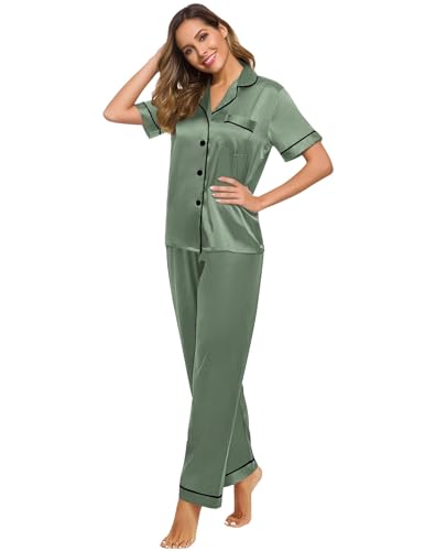 Image of SWOMOG Women Satin Pajamas Set Short Sleeve Top & Pants Sleepwear Silky Button Down Nightwear 2pcs Loungewear Pjs Set