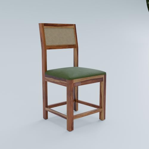 Image of DRIFTINGWOOD Amber Solid Sheesham Wood 4 Seater Dining Table Set with Rattan Back Chairs | Green Velvet Cushioned Seating for Home & Dining Room (Natural Finish, DIY)