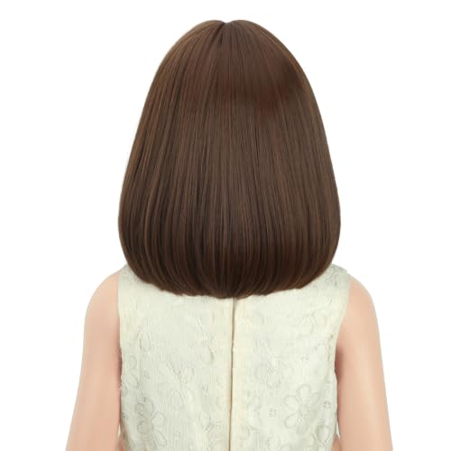 Image of PATTNIUM Kids Short Brown Bob Wig Child Girls Chocolate Brown Bob wig with Bangs Cosplay Party Synthetic Wig Rose Net Daily Wear Wig