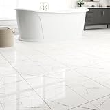 20-Pack Peel and Stick Floor Tiles Vinyl Floor 12 x 12 inch Self Adhesive Waterproof Glossy Flooring Planks DIY for Bathroom, Kitchen, Living Room, RV, Cover 20 Sq. Ft, Polish White Marble