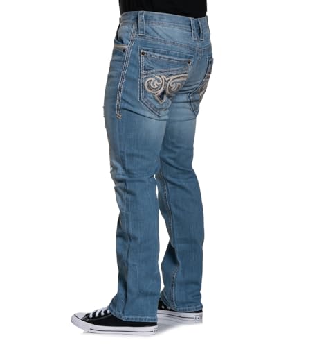 Affliction Men's Distressed Denim Jeans, Light Blue Wash, Straight Leg, Decorative Back Pockets, Ripped Design3