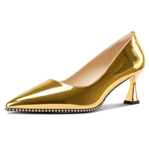 Image of TNYNFBEB Womens Mid Kitten Heel Pointed Toe Pumps Slip-on Silver Beaded Prom Party Dress Patent Leather 2.6 Inches Heels