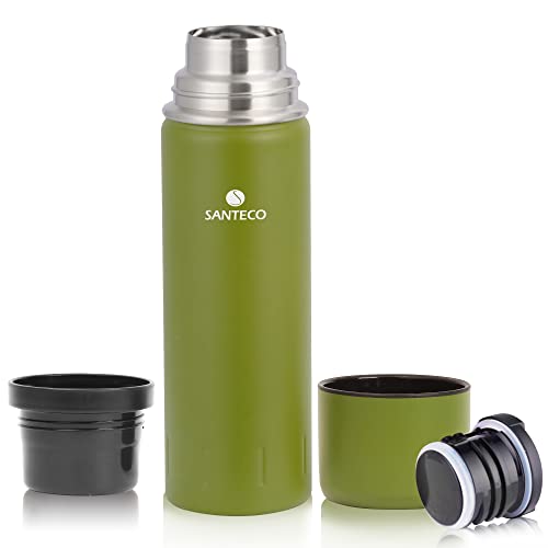 SANTECO Bouteille Isotherme en Acier Inoxydable 1L, 500ml - Bouteille Thermo avec Tasse - Thermo Café Double Paroi au Travail, Voyage, Ideal pour Thé et Eau, Sans BPA - Boissons Chaudes ou Froides