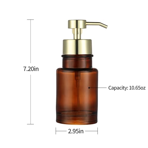 Image of H Halston Amber Glass Foaming Soap Pump Dispenser, Foaming Soap or Liquid handoap compatable, Durable, Refillable, Bathroom and Kitchen Countertop, Bathroom, Home Decor, Amber Glass with Gold Pump top